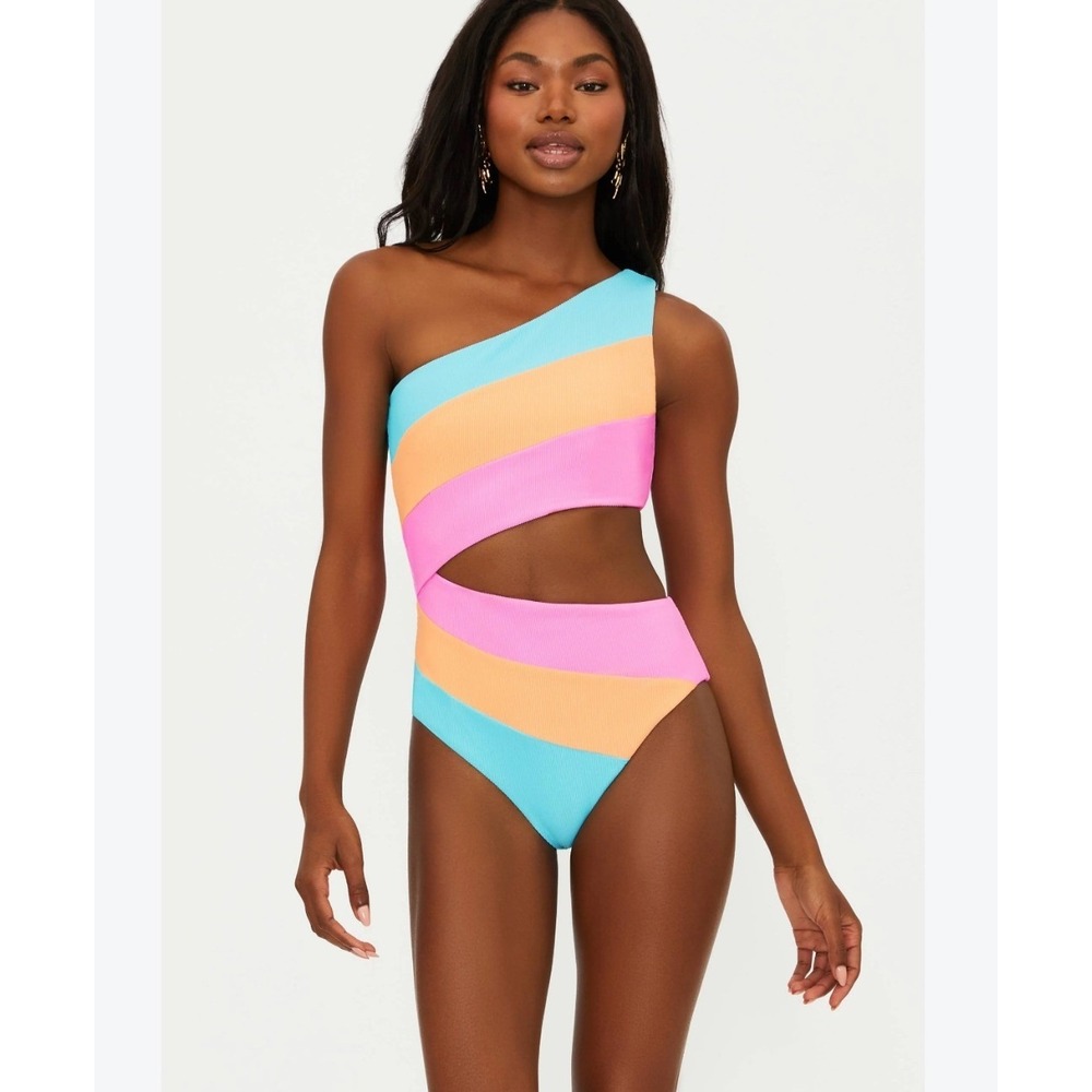 Beach Riot Joyce One Piece Crush Colorblock Ribbed Cutout Swimsuit Pink Blue M
